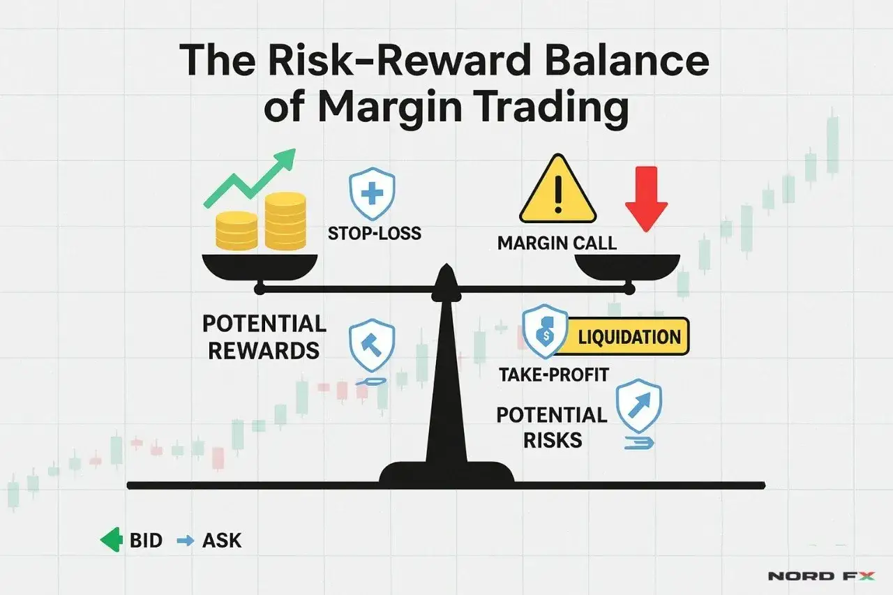 Balanza de riesgo-recompensa en trading con apalancamiento: potencial de ganancias vs. stop-loss, y riesgos de margin call y liquidaci&oacute;n.