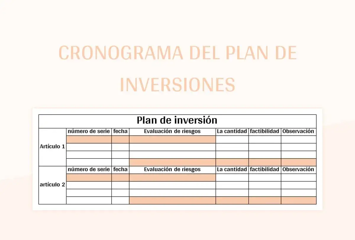 Cronograma de un plan de inversión ejemplo, con columnas para número de serie, fecha, evaluación de riesgos, cantidad, factibilidad y observación.