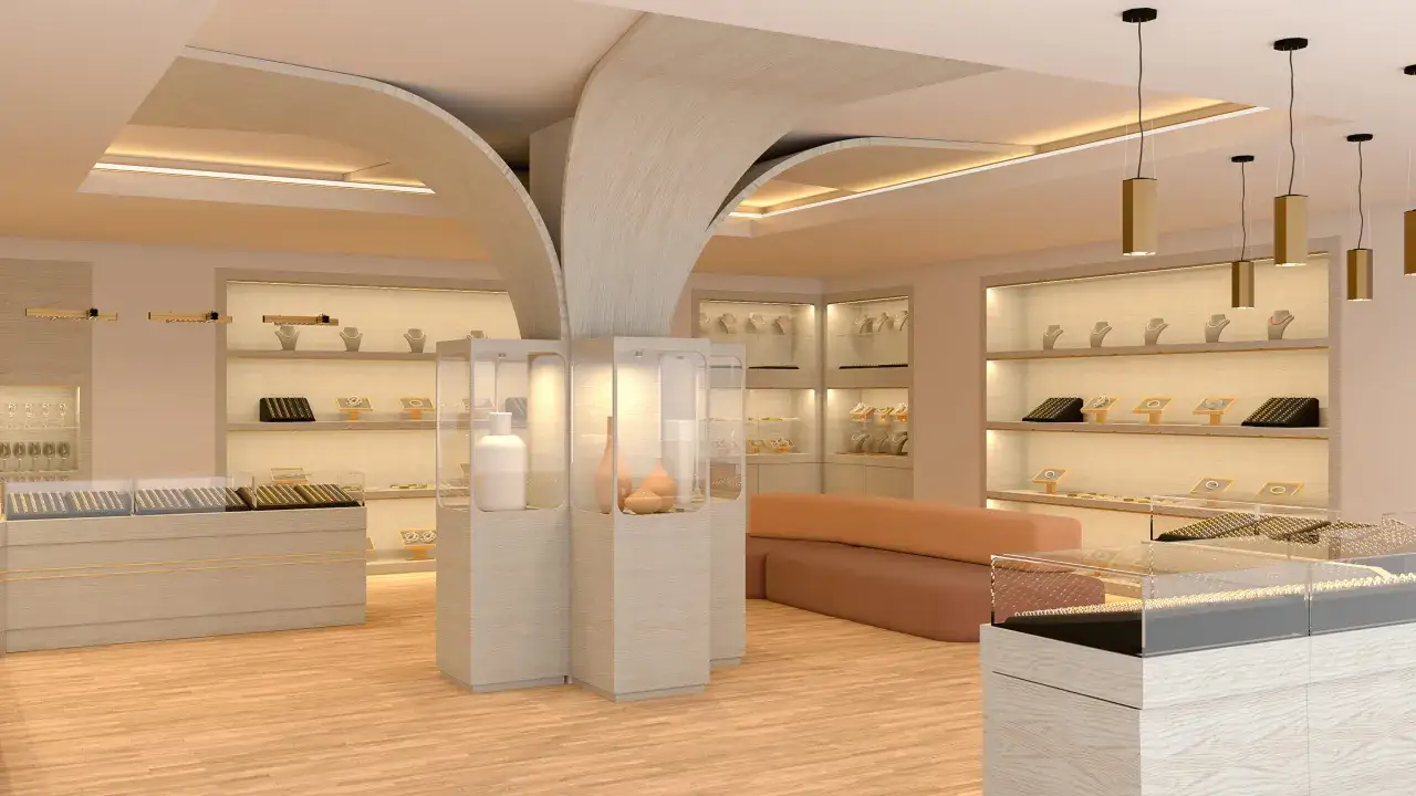 Interior de joyería moderna con vitrinas, estantes y un sofá. Ideas para como montar una joyeria.