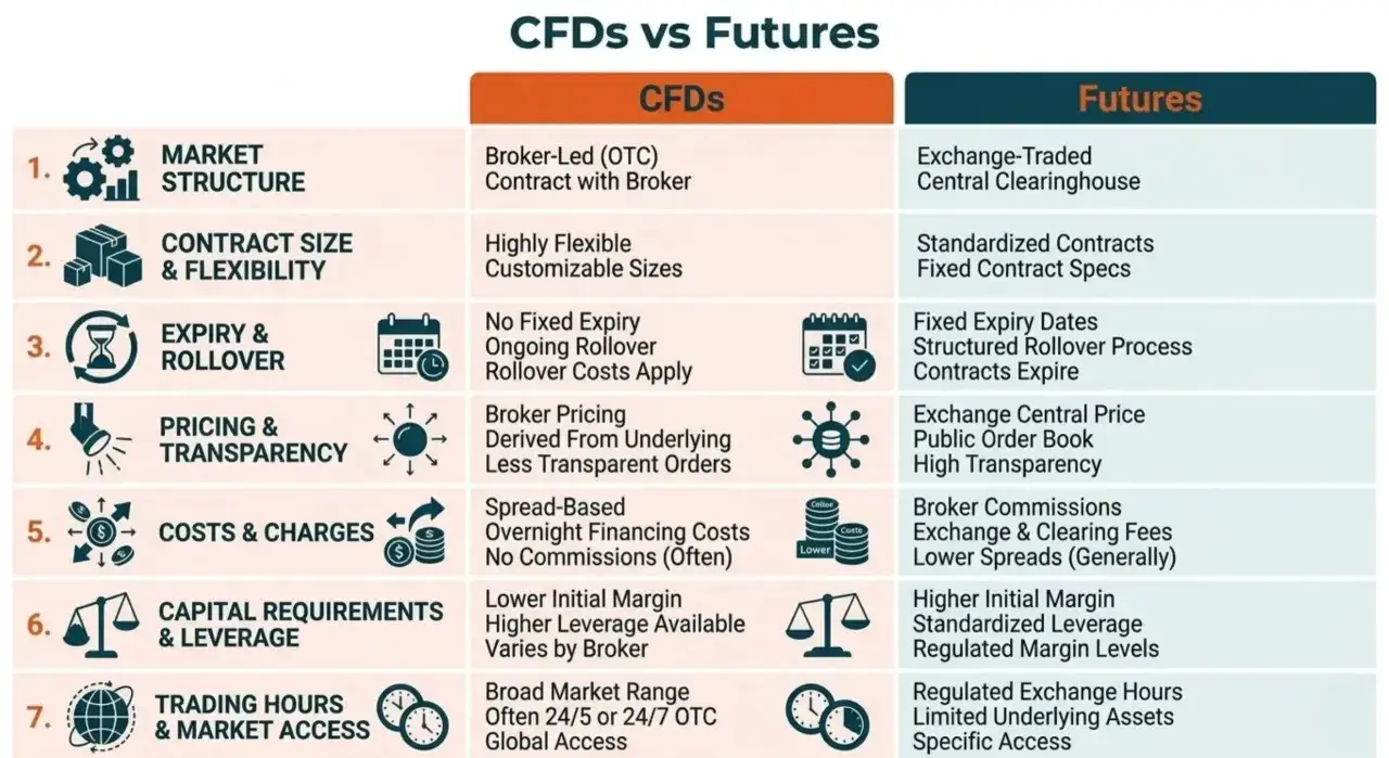 Tabla comparativa de CFDs y Futuros, destacando diferencias en estructura de mercado, costes y requisitos de margen trading.