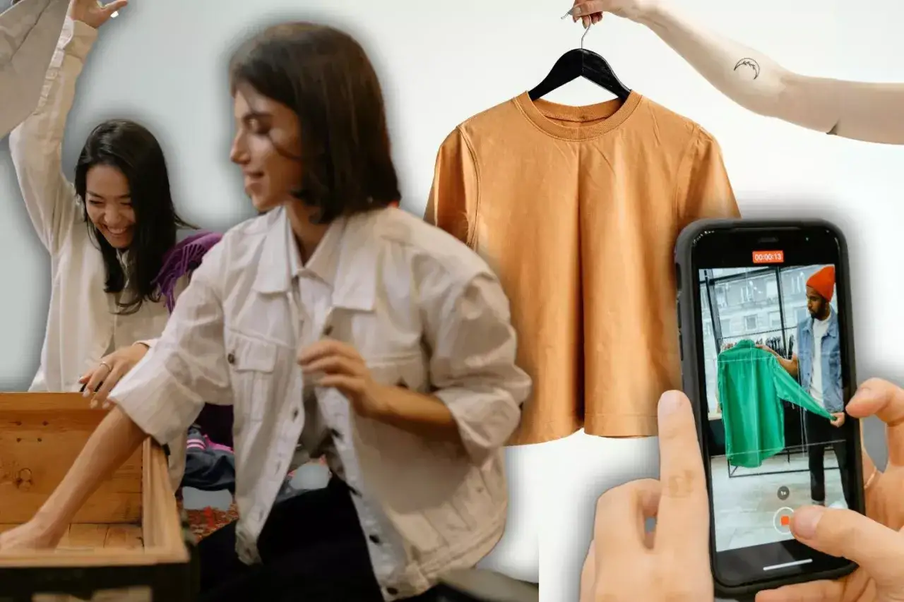 Dos mujeres organizando ropa para vender desde casa. Una camiseta naranja cuelga de una percha, y un teléfono graba a un hombre mostrando una prenda verde.