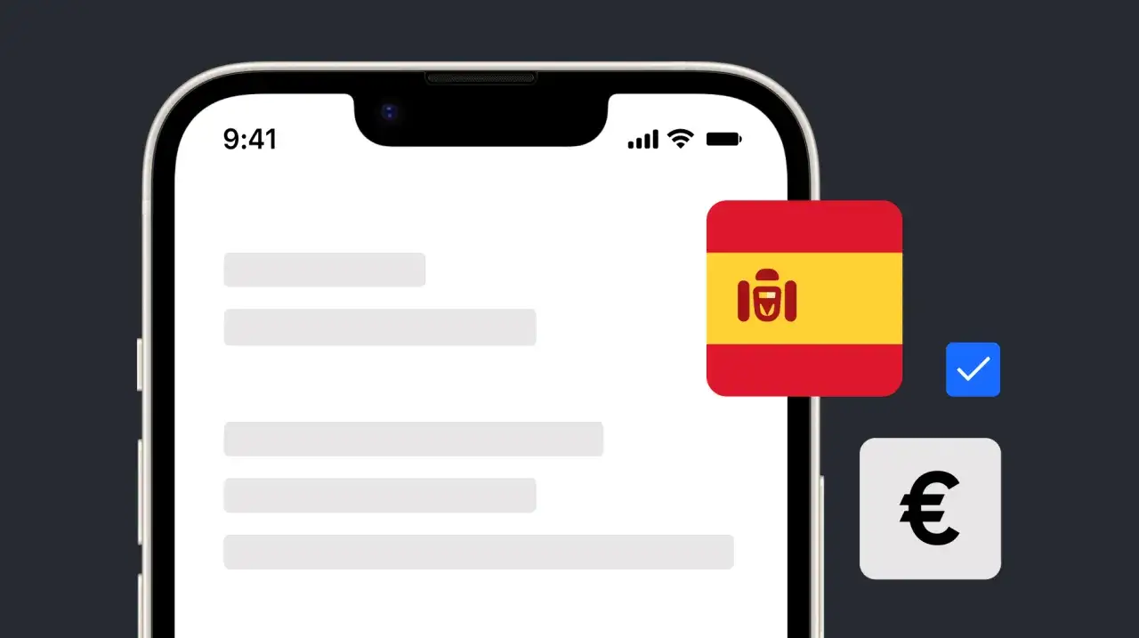 Un tel&eacute;fono muestra una lista de elementos, con la bandera de Espa&ntilde;a y el s&iacute;mbolo del euro, sugiriendo la navegaci&oacute;n por tiendas digitales en Espa&ntilde;a.