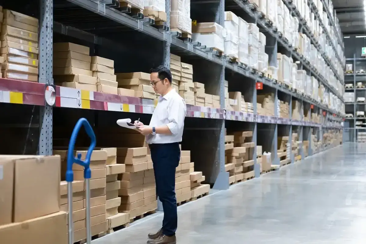 Hombre revisa notas en un almacén lleno de cajas, asegurando el control de inventarios.