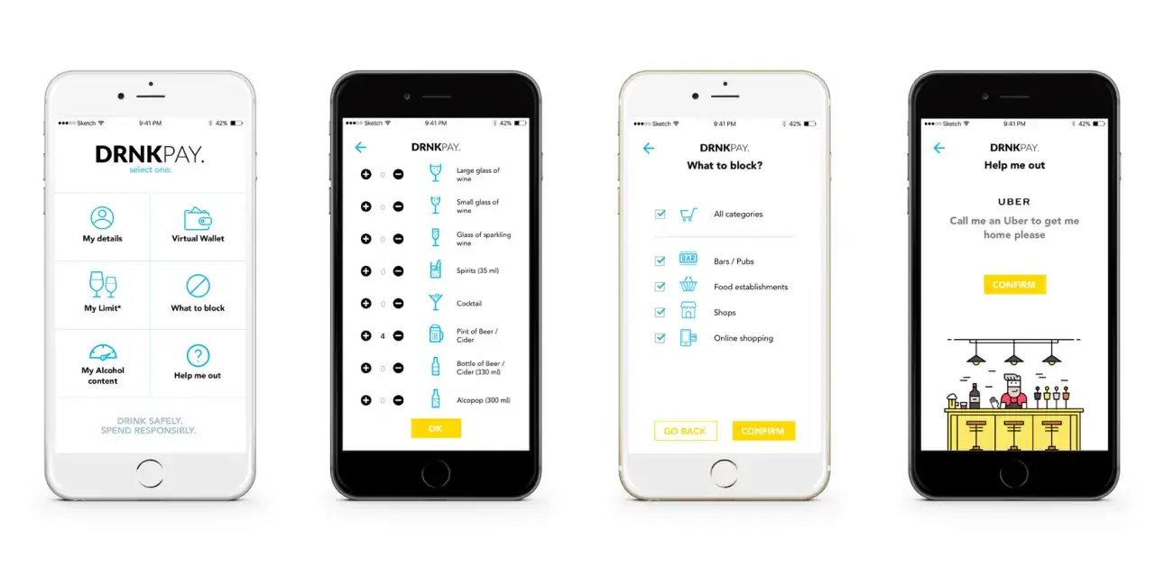 Pantallas de app: selecci&oacute;n de bebidas, bloqueo de categor&iacute;as y solicitud de Uber. Las opiniones sobre el plazo de entrega son positivas.
