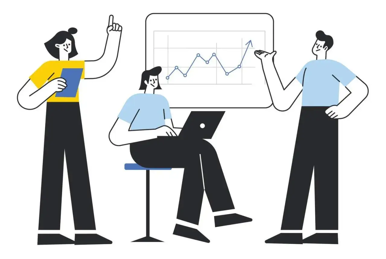 Equipo analizando gr&aacute;fico de crecimiento. Aprendiendo como escalar un negocio.