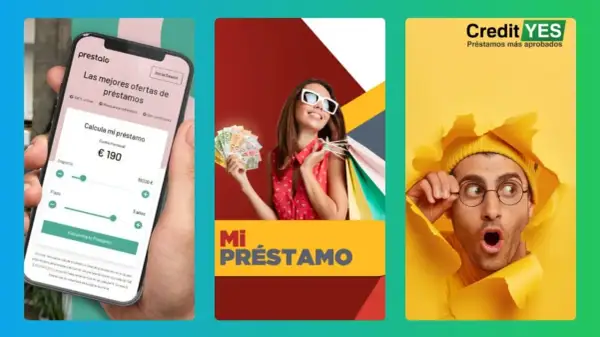 Calculadora de préstamos en móvil, mujer feliz con dinero y bolsas, y hombre sorprendido. ¡Tus younited opiniones importan para encontrar el mejor préstamo!