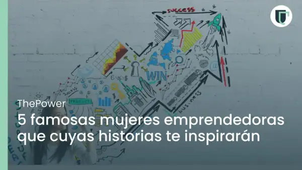 Mujeres emprendedoras famosas que inspiran. Un gráfico de flecha ascendente con dibujos de éxito, negocios y un cohete.