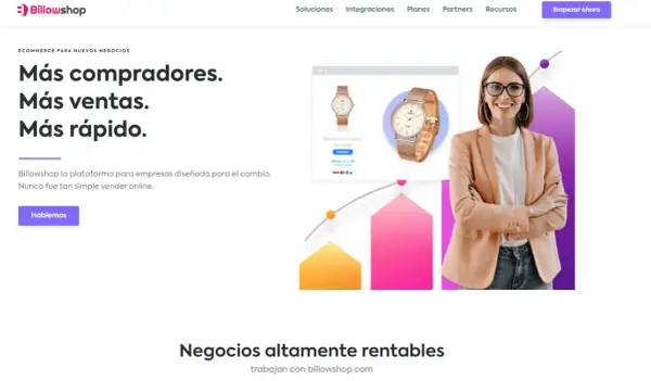 Plataforma para aprender como hacer una tienda online. Muestra un reloj, una mujer sonriendo y gráficos de crecimiento.