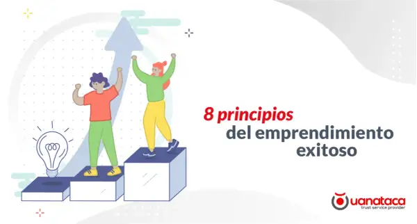 Dos personas celebran el éxito en su camino de emprendedor exitoso, con una bombilla de idea y una flecha ascendente.