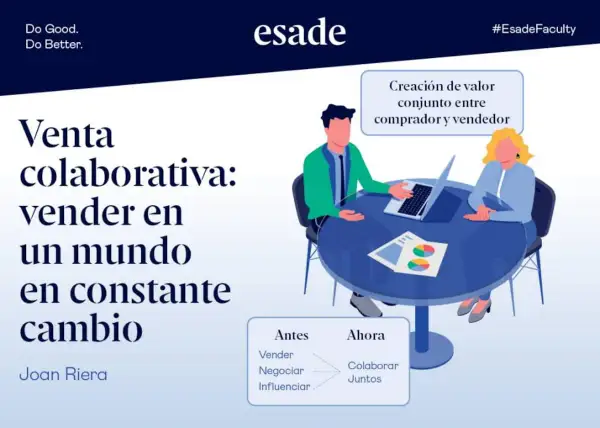 Ilustración de dos personas colaborando en una mesa con un portátil y gráficos, representando la venta colaborativa.