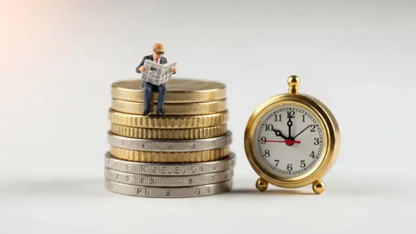 Hombrecito sentado en monedas lee periódico junto a un reloj. Una metáfora visual para invertir sin dinero, donde el tiempo es tu mayor activo.
