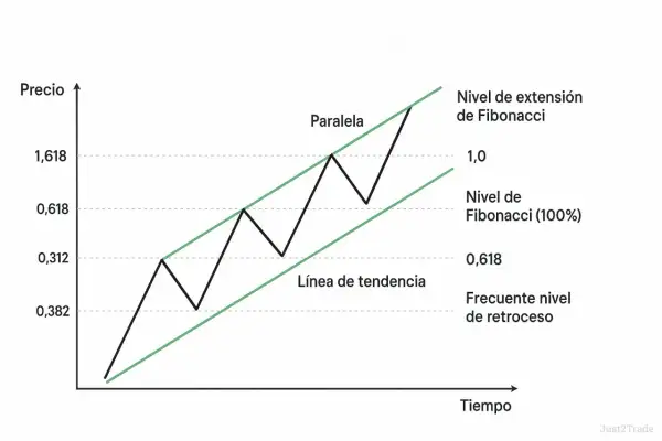 Gráfico de precios con una línea de tendencia alcista, niveles de Fibonacci y una paralela.