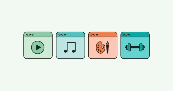 Cuatro ventanas de aplicaciones: video, música, arte y ejercicio. Representan la diversidad de productos digitales disponibles.