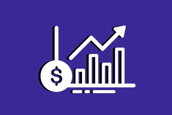 Gráfico de barras ascendente con símbolo de dólar, indicando el camino hacia negocios exitosos y crecimiento financiero.