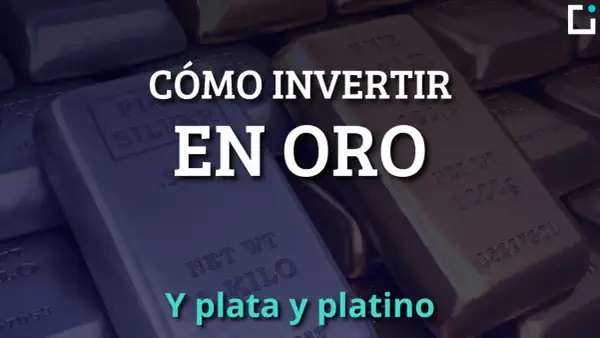 Barras de plata y oro apiladas. El texto dice "CÓMO INVERTIR EN ORO Y PLATA Y PLATINO", una guía sobre como comprar oro en bolsa.