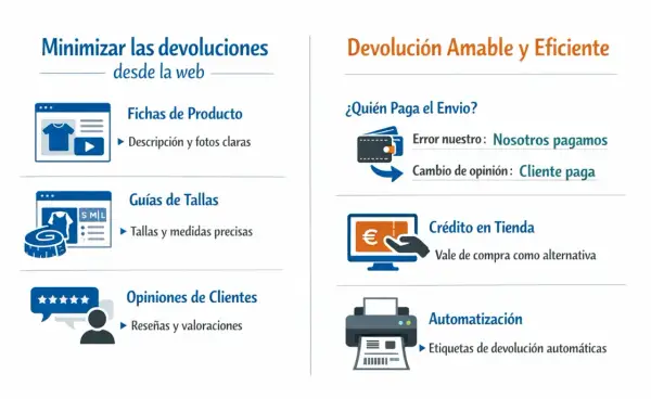 Infografía sobre cómo minimizar devoluciones: fichas de producto, guías de tallas, opiniones de clientes, quién paga el envío, crédito en tienda y automatización. El stock de productos se gestiona eficientemente.