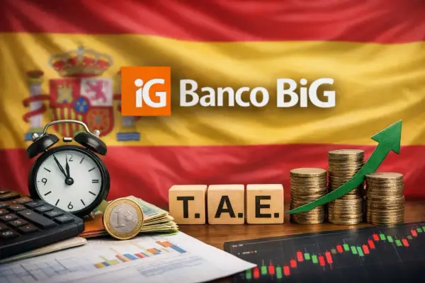 Monedas y gráfico de crecimiento con el logo de iG Banco BiG y la bandera de España. Opiniones sobre el banco.
