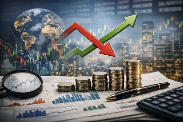 Gráficos financieros, monedas y un globo terráqueo simbolizan las bolsas mundiales y la inversión global.