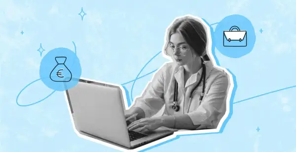 Médica joven en su laptop, buscando inversores privados para su proyecto. Símbolos de dinero y maletín flotan a su alrededor.