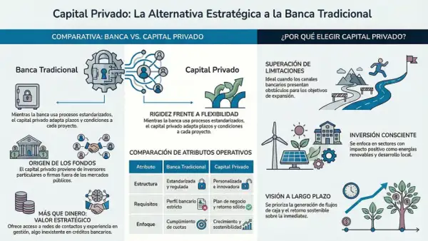 Infografía compara banca tradicional y capital privado. Busco inversores privados para proyectos con visión a largo plazo y valor estratégico.