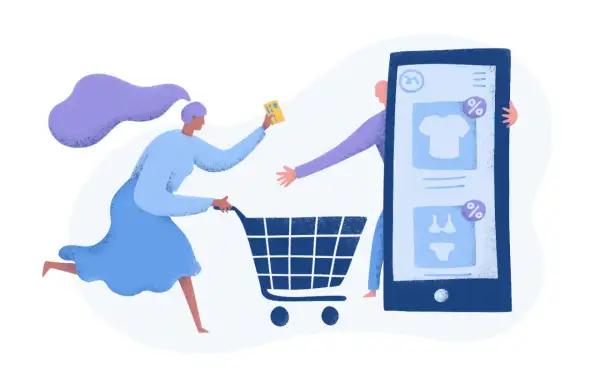 Ilustración de cómo funciona una tienda online: una mujer con un carrito de compras y una tarjeta, frente a una pantalla de móvil con productos.