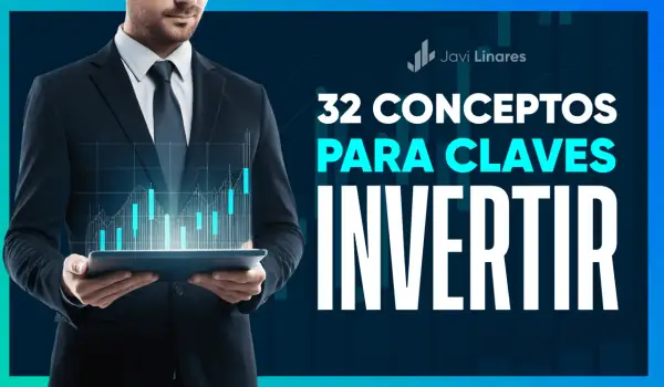 Hombre de negocios con tablet que muestra gráficos. Título: "32 conceptos clave para invertir". Aprende cómo conseguir inversores.